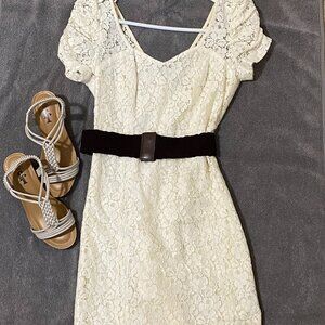 Guess Ivory Floral Lace Mini Dress with Dark Brown Waist Belt